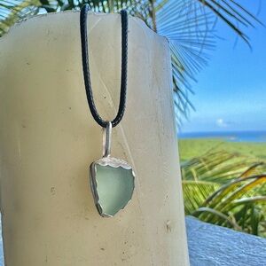Aqua blue Sea glass Handmade 995 925 silver soldered necklace beach boho